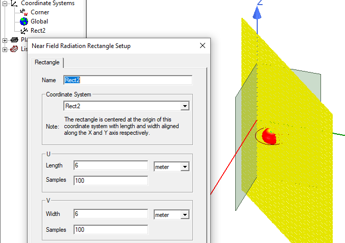Near Field Radiation Rectangle Setup dialog, coordinate system defined.