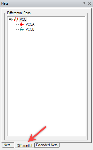 Nets Window - Differential Pairs groupbox. Differential Tab selected, red arrow pointing at tab.