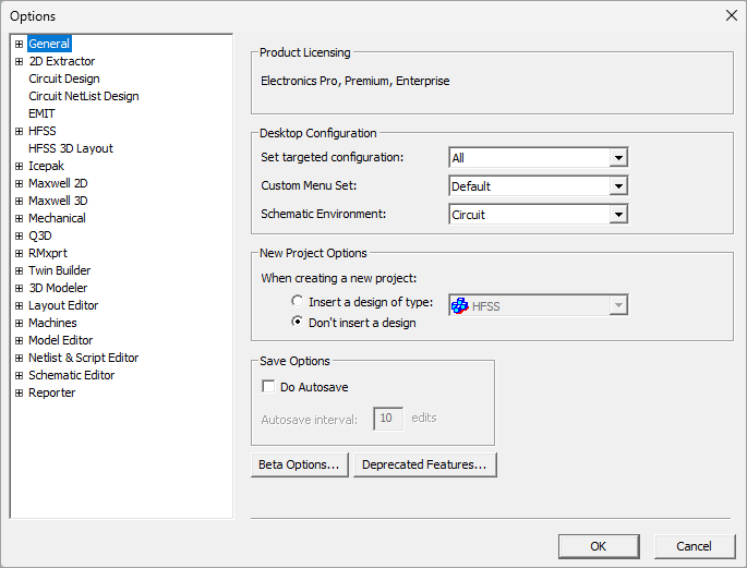 Options Window, General highlighted.