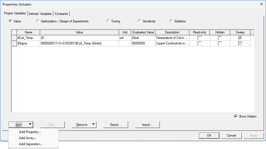 Properties dialog, Project Variables tab.