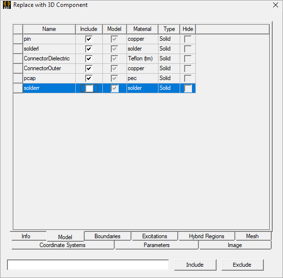 Replace with 3D Component dialog. Model tab. Include column selected for various components.
