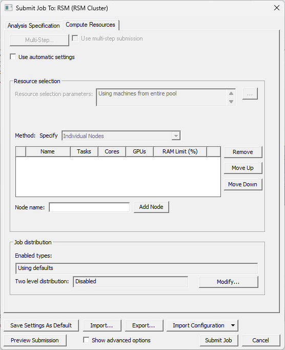 Submit Job To:RSM window. Compute Resources tab. 