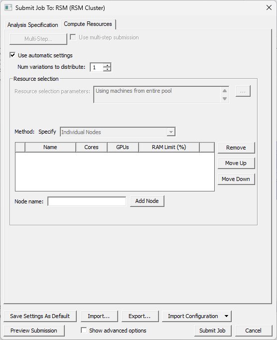 Submit Job To window, Compute Resources tab, Use automatic settings option enabled. 