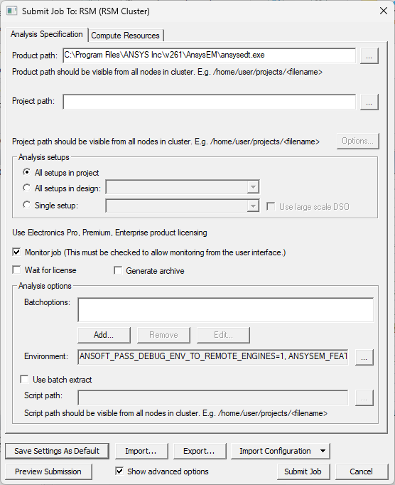 Submit Job To window. Product Path field. 
