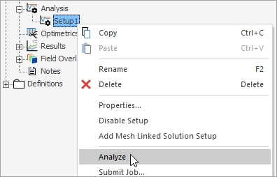 Right-click Setup menu, Analyze option highlighted.