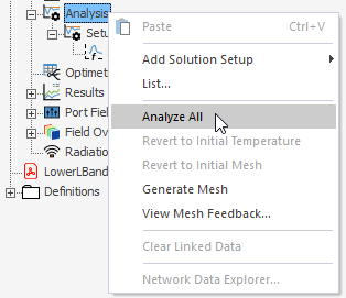 Right-click Setup menu, Analyze All option highlighted.