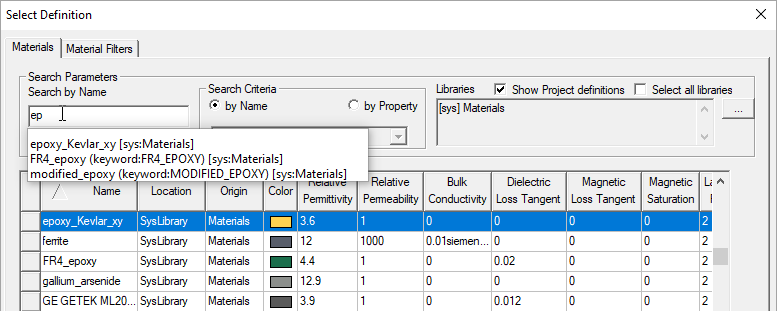 Select Definition window, materials tab open. Search by name paramenter filled. 