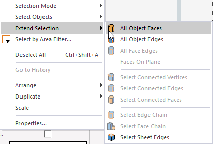 Extend Selection submenu, All Object Faces option highlighted.