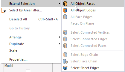 Extend selection submenu open. All object faces option highlighted.