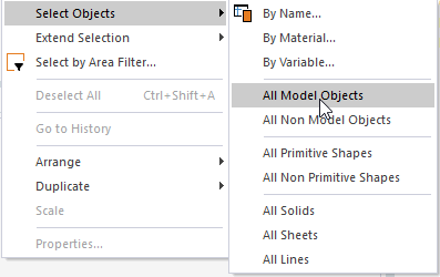 Select Objects submneu expanded, All Model Objects highlighted.