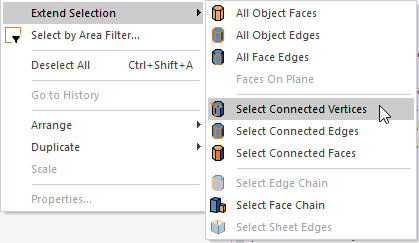 Extend Selection submenu, Select Connected Vertices option highlighted.