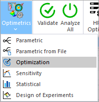 Optimetrics menu, Optimization highlighted. 