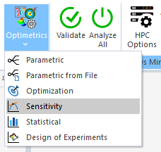 Optimetrics drop down menu, "Sensitivity" option highlighted.