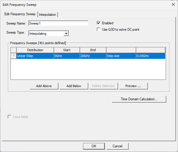 Edit Frequency Sweep Window