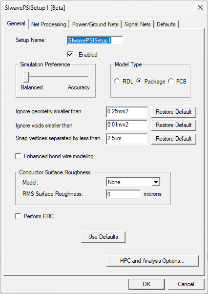 SIwave-PSI Setup - General Tab