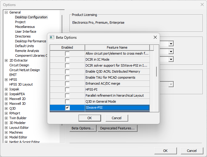 Options Window > Beta Options Window