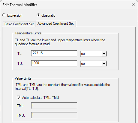 Quadratic selected. Advanced Coefficient Set tab open and filled.