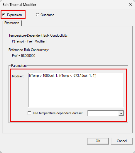 Edit Thermal Modifier window. Expression selected, parameter user input box highlighted.