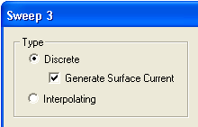 Sweep Window, Type: Discrete selected, Generate Surface Current selected. 