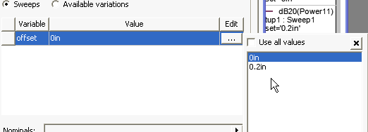 Sweeps option enabled, Edit ellipses selected displaying variables dialog.