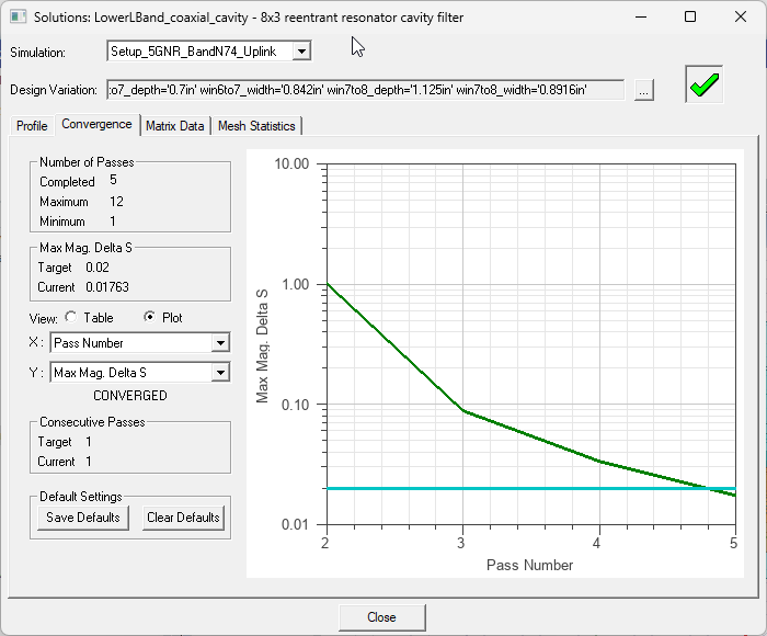 Solutions dialog, convergence tab.