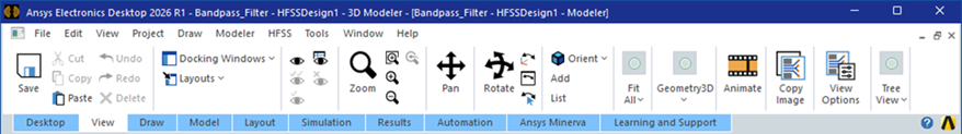 HFSS View Tab Ribbon shown in a compressed state.