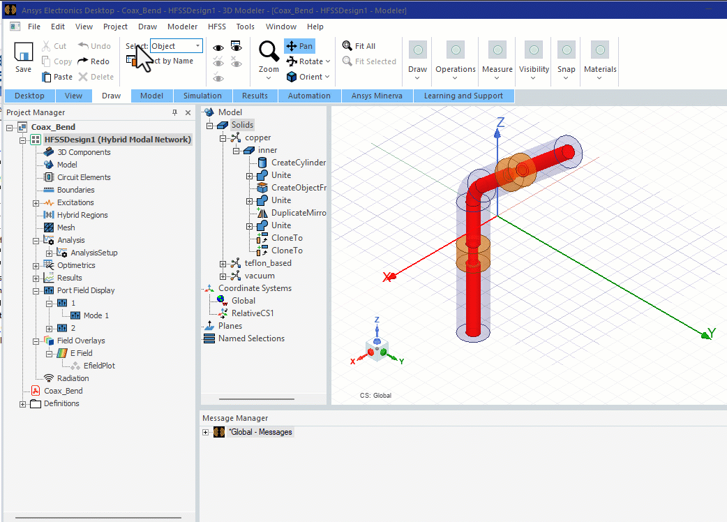 HFSS Application Window. Project Manager window opened with project tree expanded. Next to it, the design area with a 3D model.