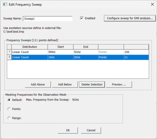 Edit Frequency Sweep Window