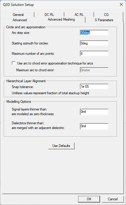 Q3D Solution Setup Window > Advanced Meshing Tab