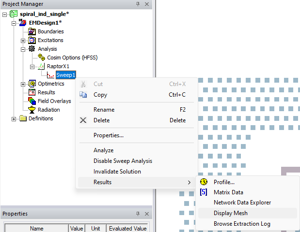 Project Manager Window > Project Tree > Active Design Folder > Analysis > RaptorX1 > Sweep1 > Results > Display Mesh