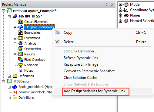 Shortcut menu, Add Design Variables for Dynamic link selected.