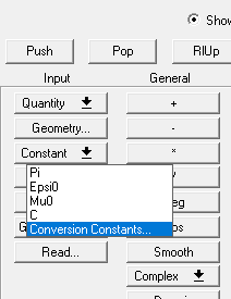 list of constants includes Pi, Epsi0, Mu0, C, and Conversion Constants