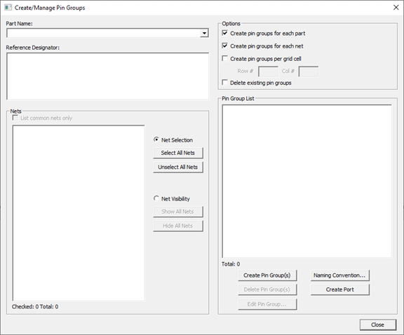 Create/Manage Pin Groups dialog