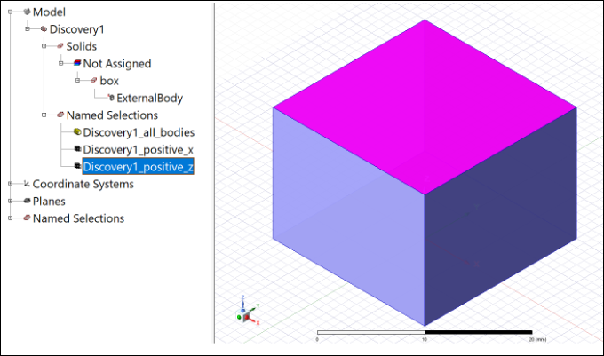 A Discovery named selection is highlighted in the Ansys Electronic Desktop History Tree