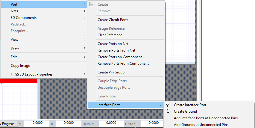 Layout Editor right-click menu. Port option expanded, Interface Ports option expanded