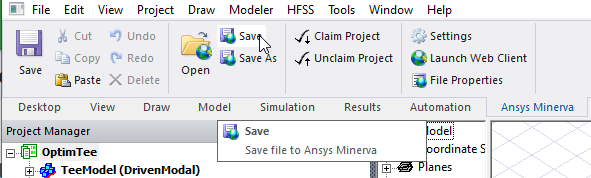 Ansys Minerva ribbon, Save highlighted.