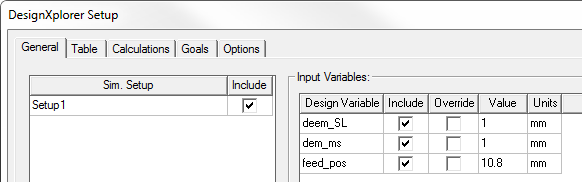 DesignXplorer Setup dialog. General tab open.