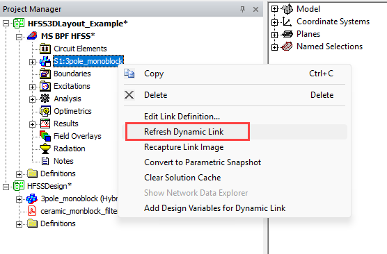Shortcut menu, Refresh Dynamic link selected.