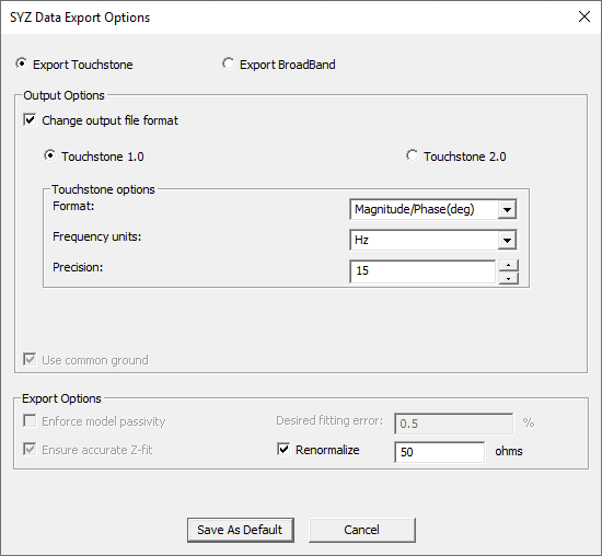 SYZ Data Export Options dialog, Export Touchstone option selected.
