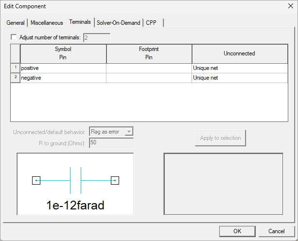 Edit Component window, Terminals tab.