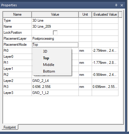 Properties Pnael, Placement Mode shortcut menu, Top option selected.