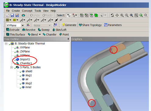 Steady State Thermal Design Modeler, Import and Chamfer highlighted in Project Tree