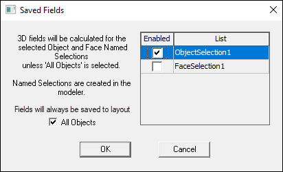 Saved Fields dialog. Objectlist1 option enabled.