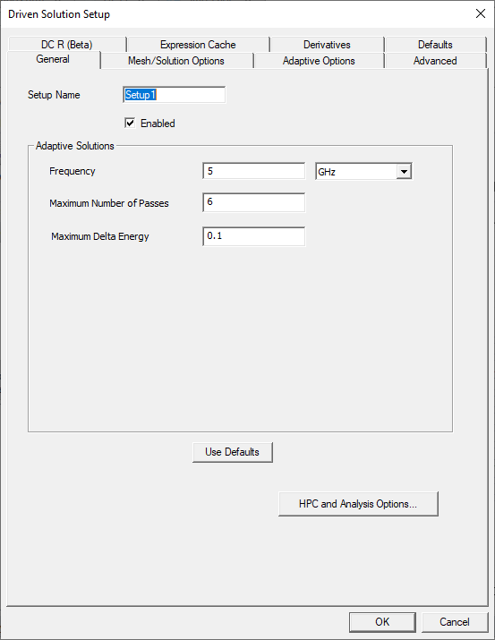 Driven Solution Setup dialog, General tab.