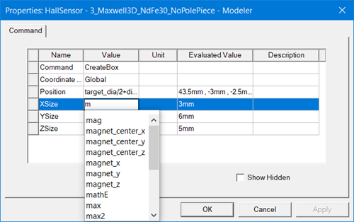 Properties window, variables tab.