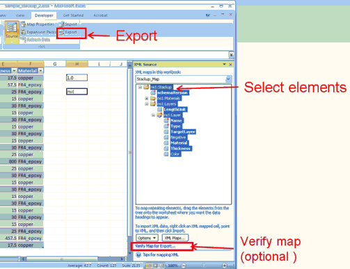 Excell file, export button highlighted.