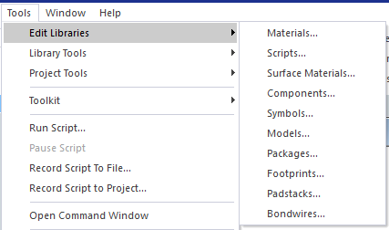 Tools menu, Edit Libraries option expanded.