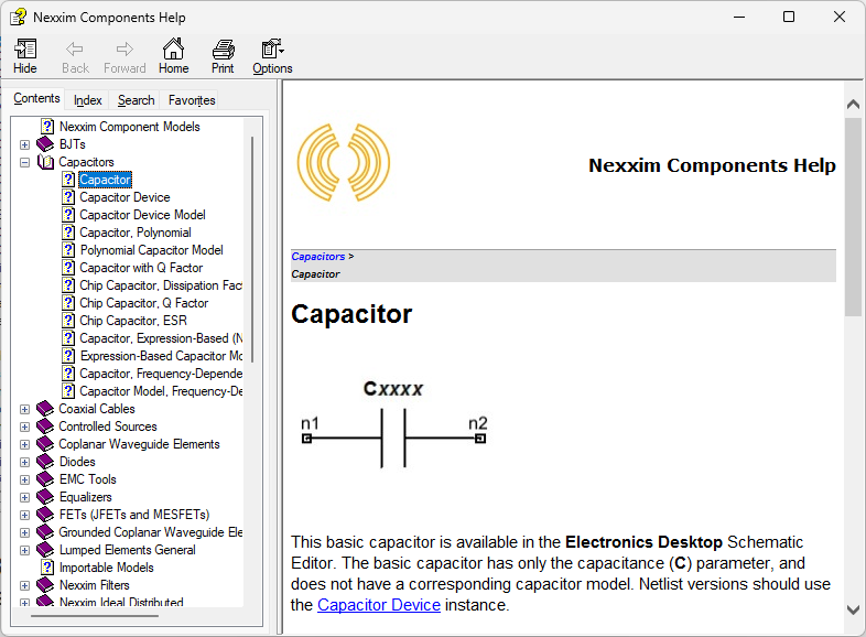 Nexxim Componenet Help window.