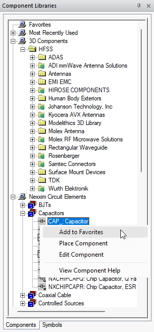 Component right-click menu. Add to Favorites option highlighted.