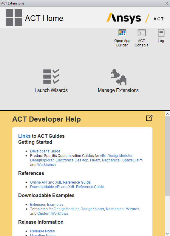 ACT Home window. ANSYS logo. ACT Developer Help tab open.